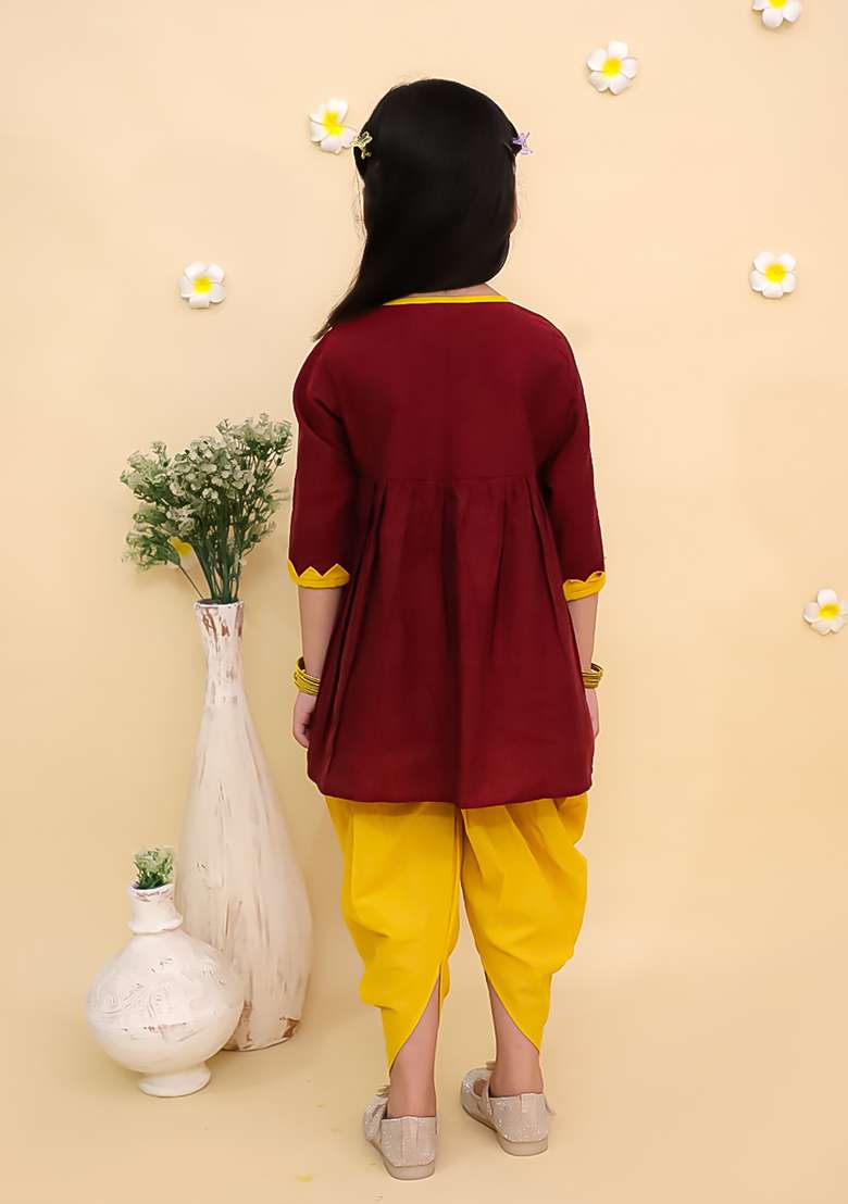 Maroon Embroidered Cotton Kurta Set For Girls - Indya