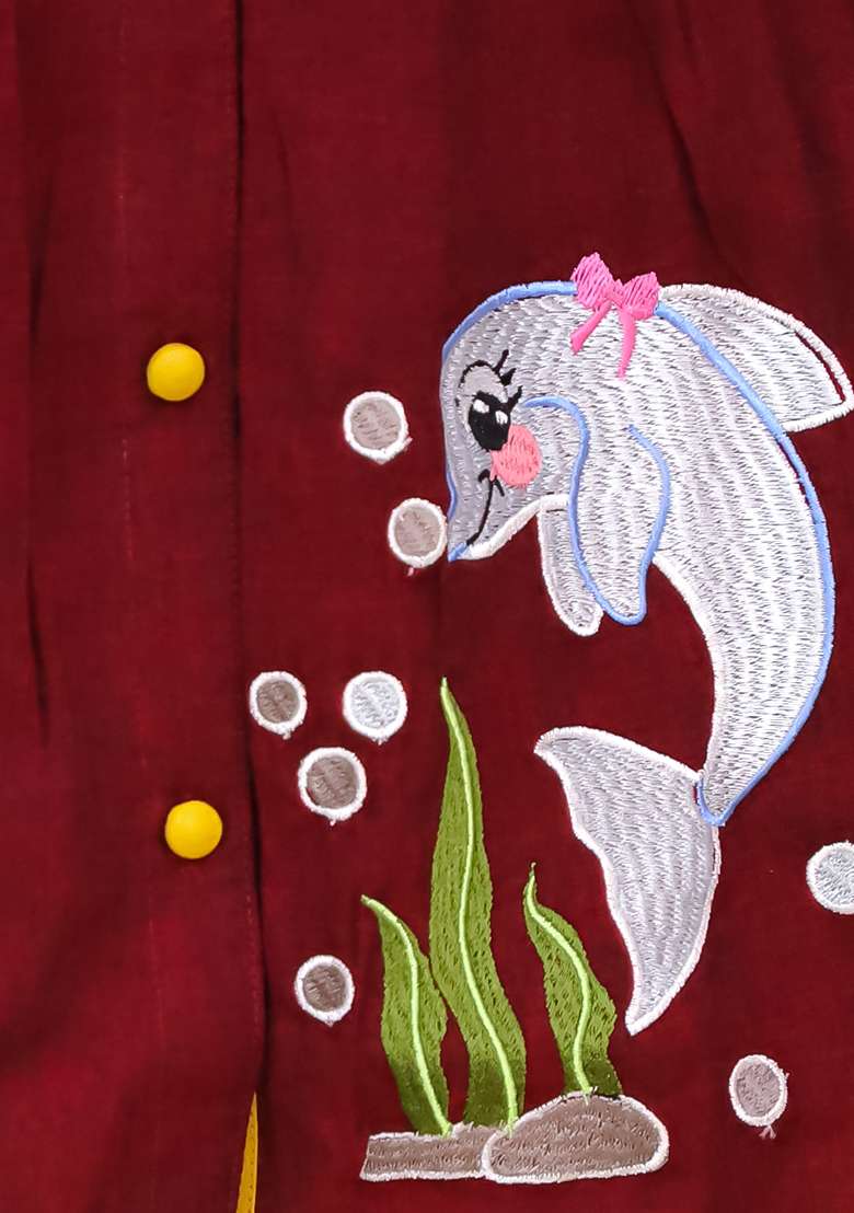Maroon Embroidered Cotton Kurta Set For Girls - Indya