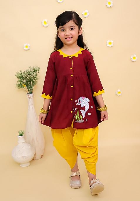 Maroon Embroidered Cotton Kurta Set For Girls