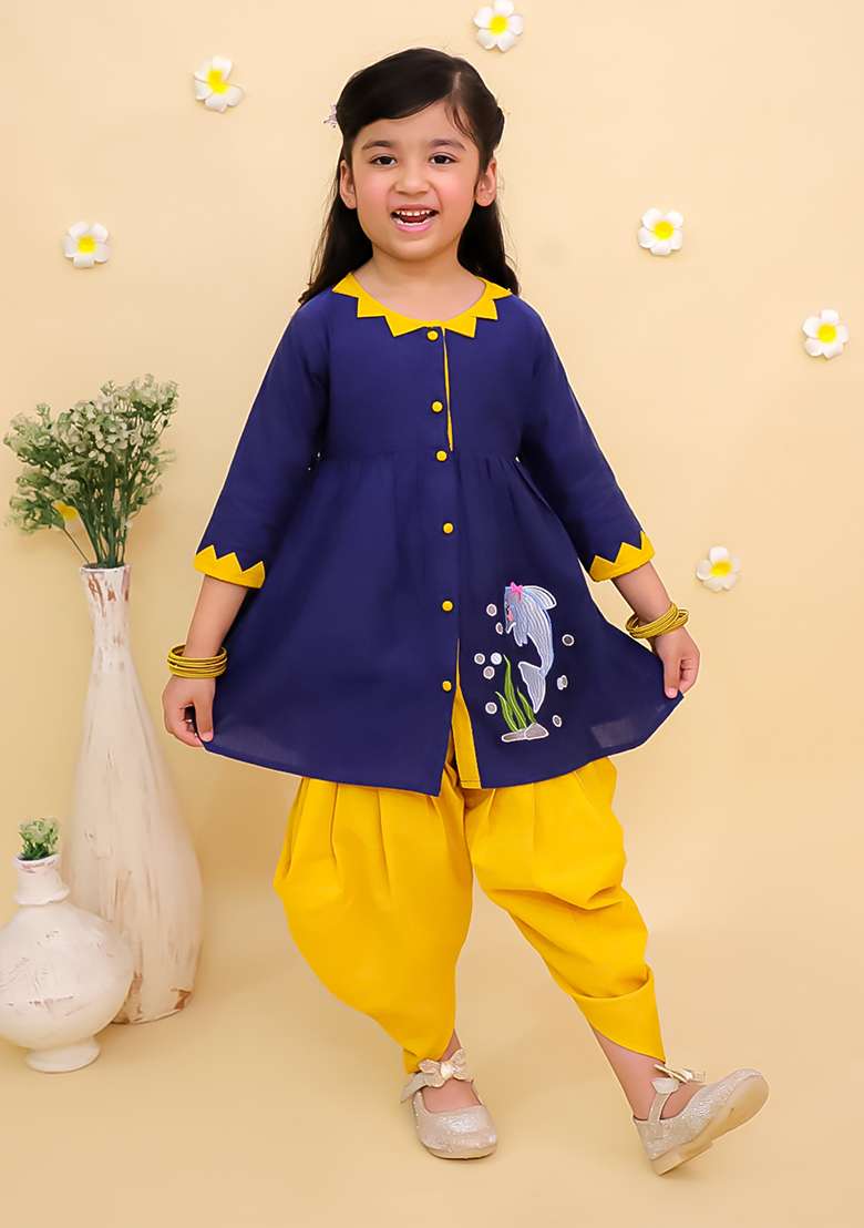 Blue Embroidered Cotton Kurta Set For Girls - Indya