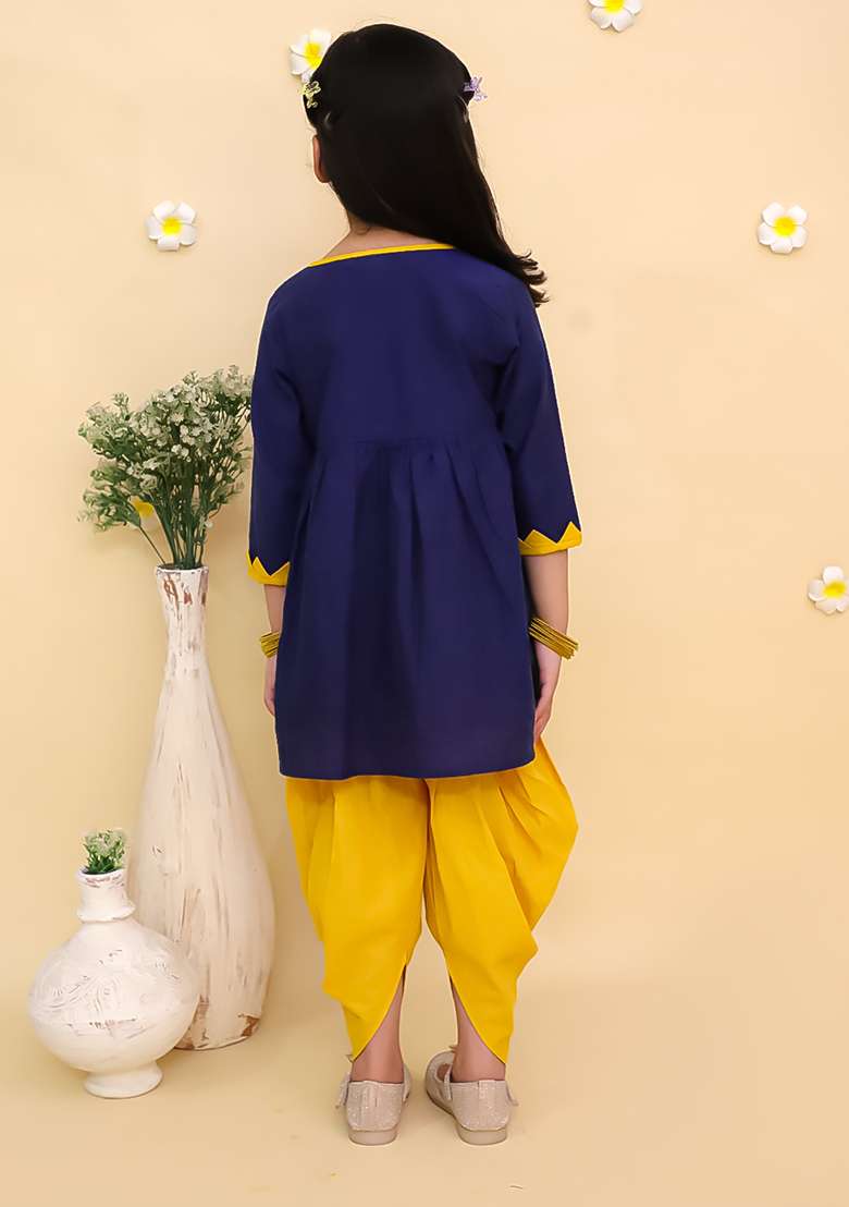 Blue Embroidered Cotton Kurta Set For Girls - Indya