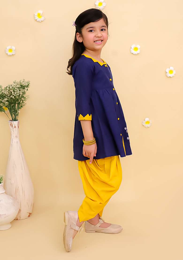 Blue Embroidered Cotton Kurta Set For Girls - Indya