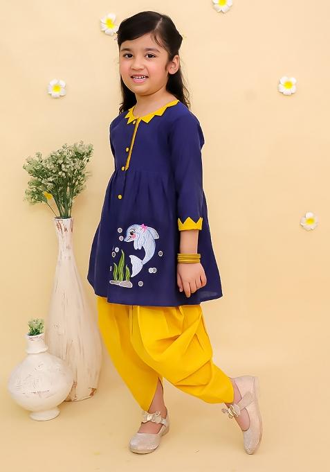 Blue Embroidered Cotton Kurta Set For Girls