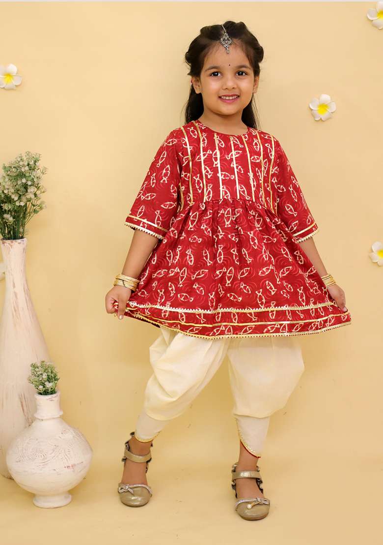 Maroon Printed Cotton Kurta Set For Girls - Indya
