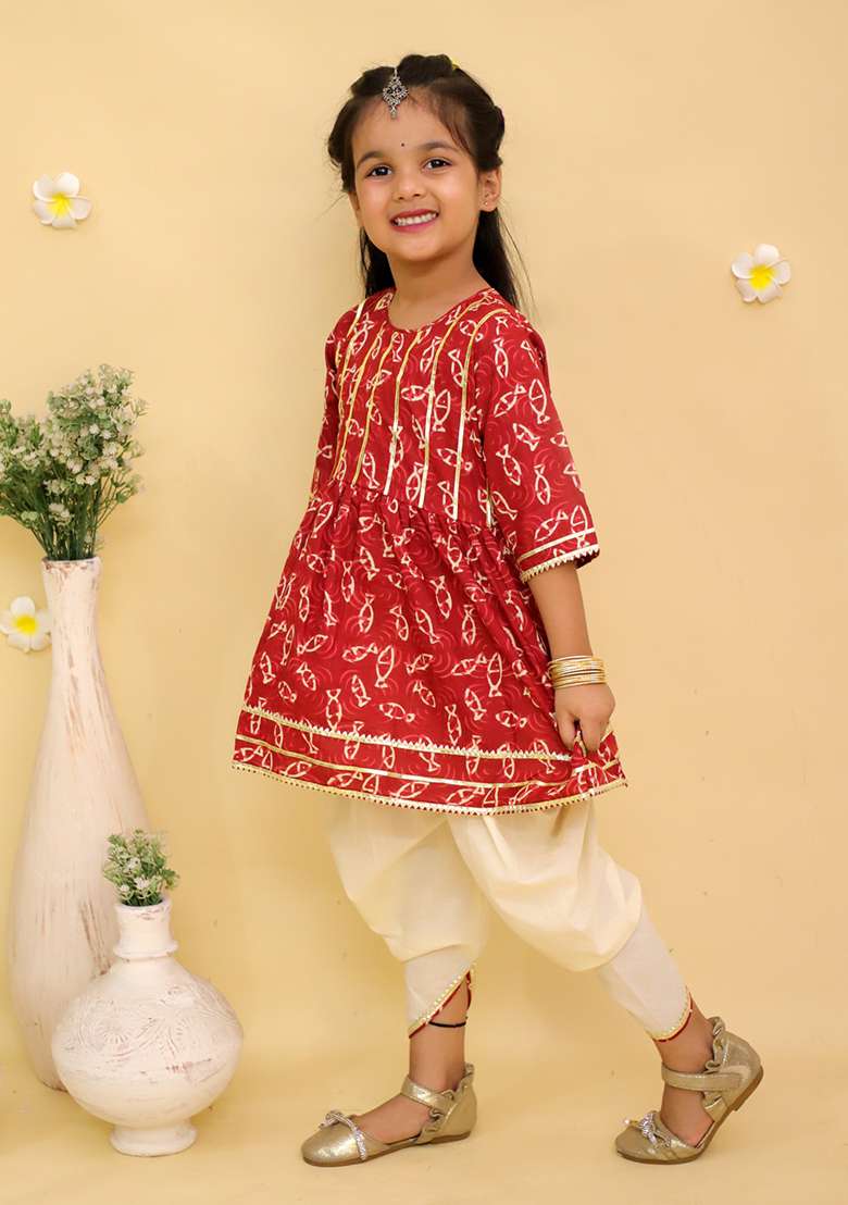 Maroon Printed Cotton Kurta Set For Girls - Indya