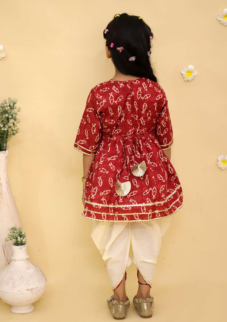 Maroon Printed Cotton Kurta Set For Girls - Indya