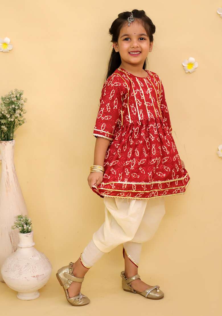 Maroon Printed Cotton Kurta Set For Girls - Indya