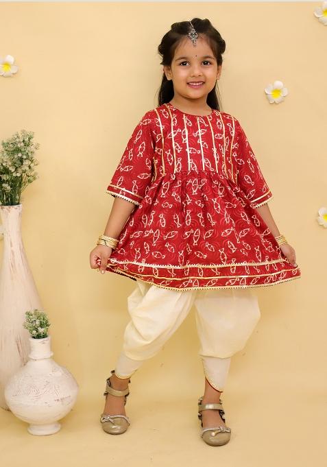 Maroon Printed Cotton Kurta Set For Girls