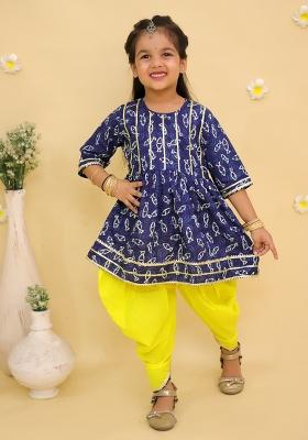 Blue Printed Cotton Kurta Set For Girls