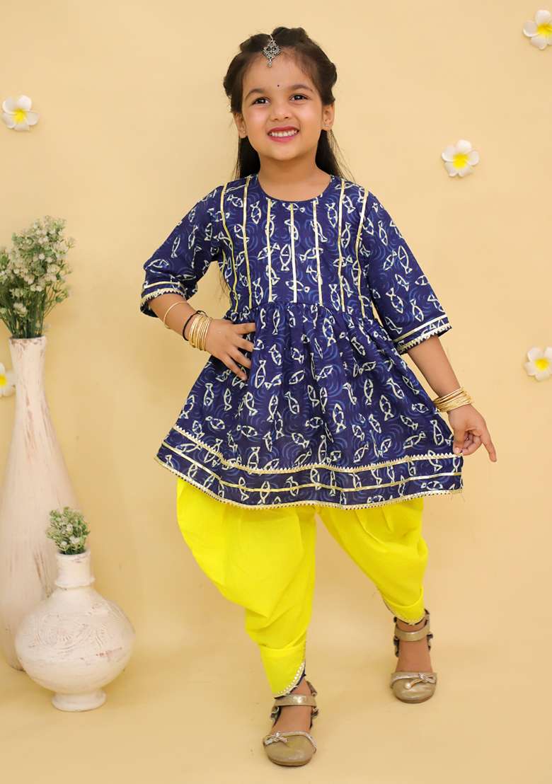 Blue Printed Cotton Kurta Set For Girls - Indya