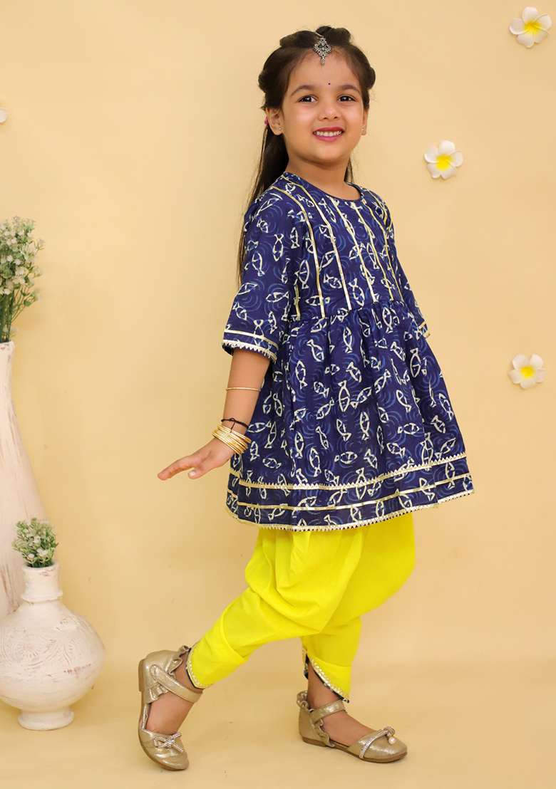 Blue Printed Cotton Kurta Set For Girls - Indya