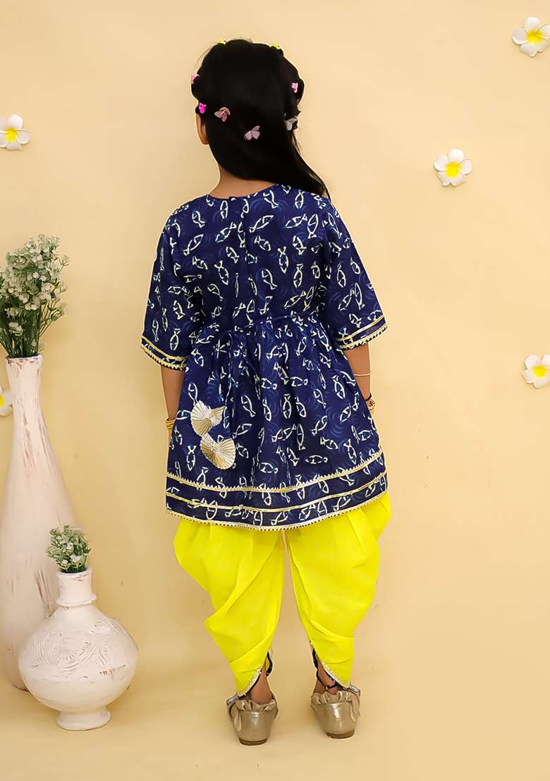 Blue Printed Cotton Kurta Set For Girls - Indya