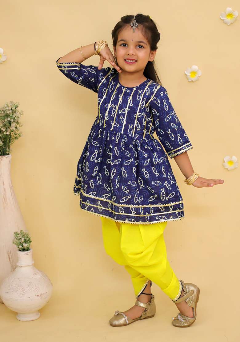 Blue Printed Cotton Kurta Set For Girls - Indya
