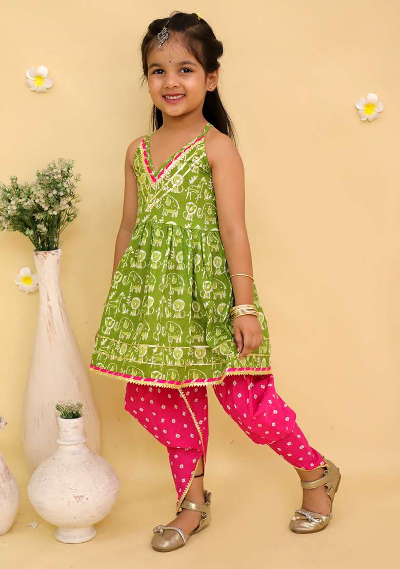 Green Printed Cotton Kurta Set For Girls - Indya