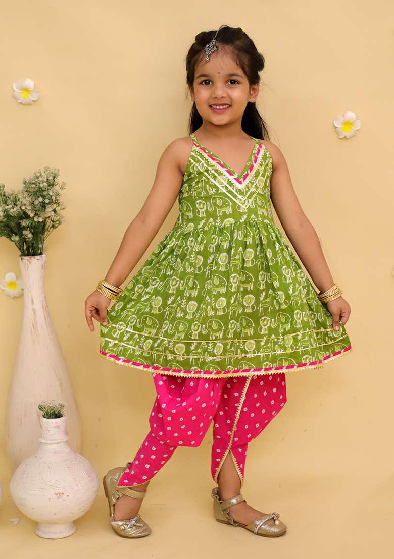 Green Printed Cotton Kurta Set For Girls - Indya