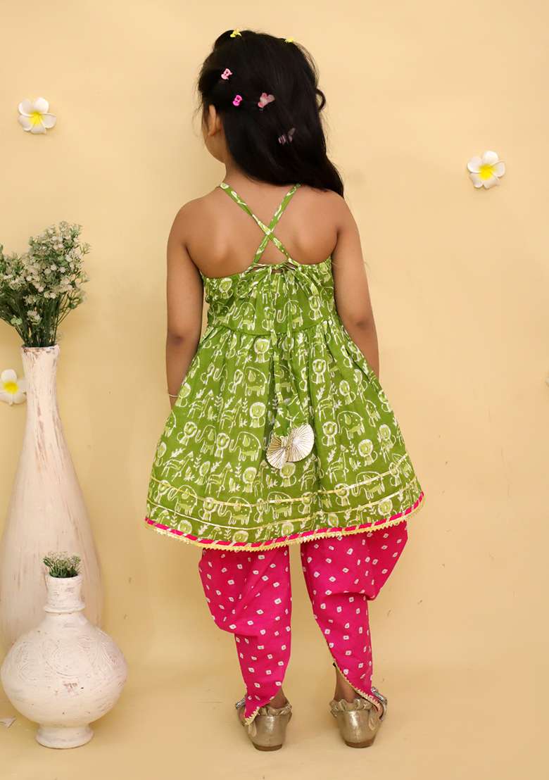 Green Printed Cotton Kurta Set For Girls - Indya