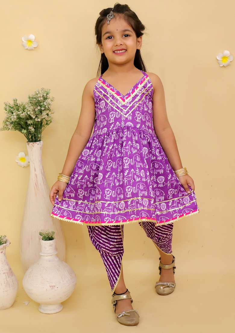Purple Printed Cotton Kurta Set For Girls - Indya