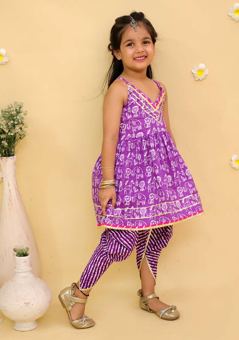 Purple Printed Cotton Kurta Set For Girls - Indya