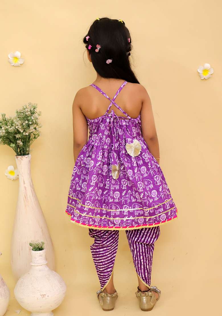 Purple Printed Cotton Kurta Set For Girls - Indya