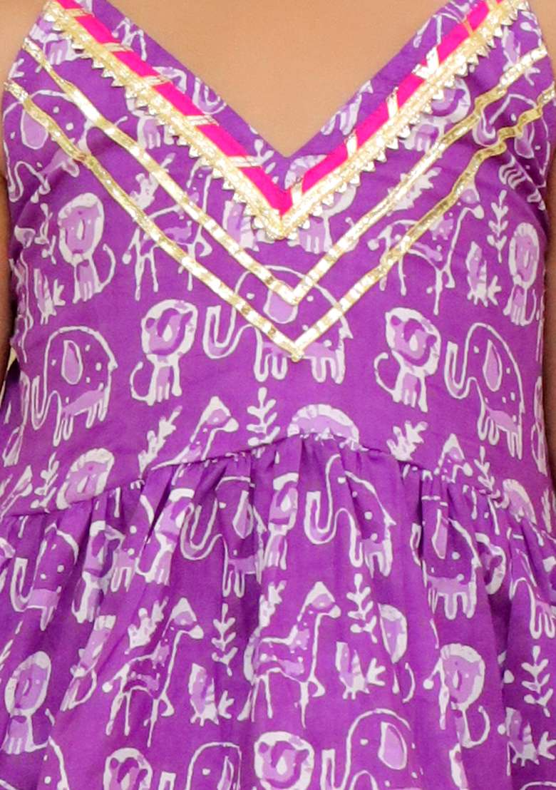 Purple Printed Cotton Kurta Set For Girls - Indya