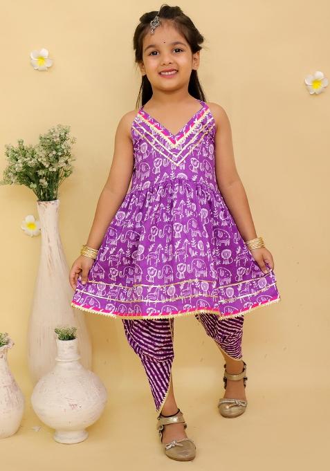 Purple Printed Cotton Kurta Set For Girls