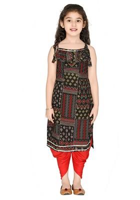 Black Printed Rayon Kurta Set For Girls