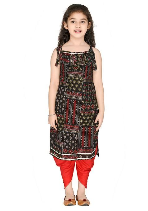 Black Printed Rayon Kurta Set For Girls