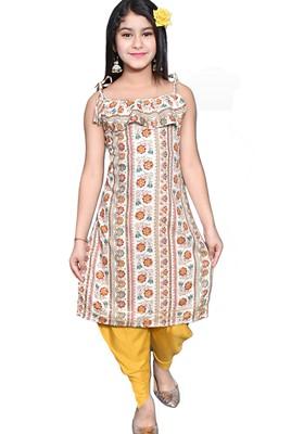 White Printed Rayon Kurta Set For Girls