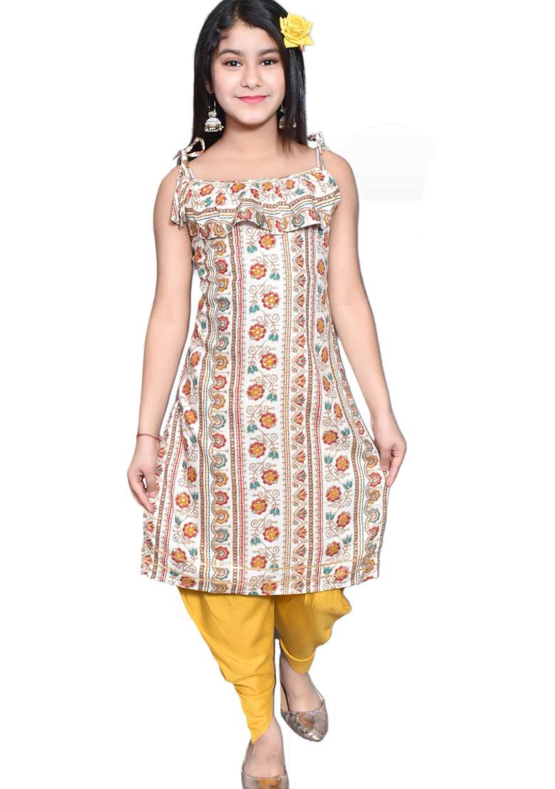 White Printed Rayon Kurta Set For Girls - Indya