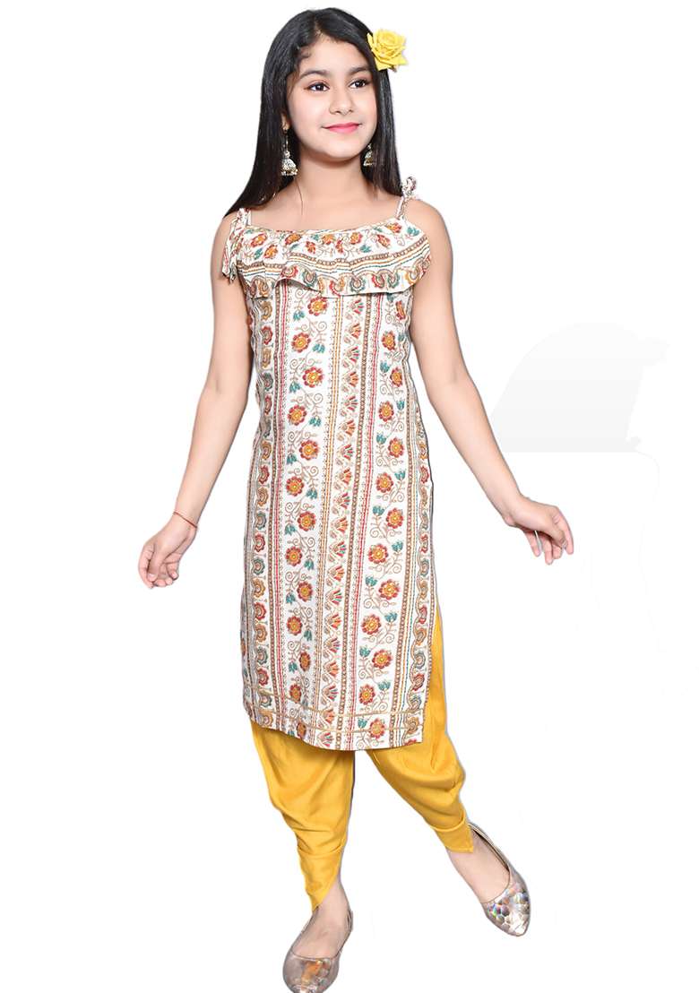 White Printed Rayon Kurta Set For Girls - Indya