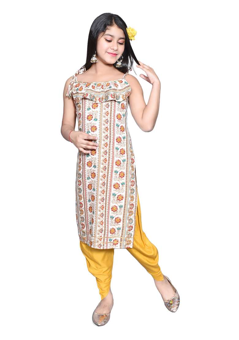 White Printed Rayon Kurta Set For Girls - Indya