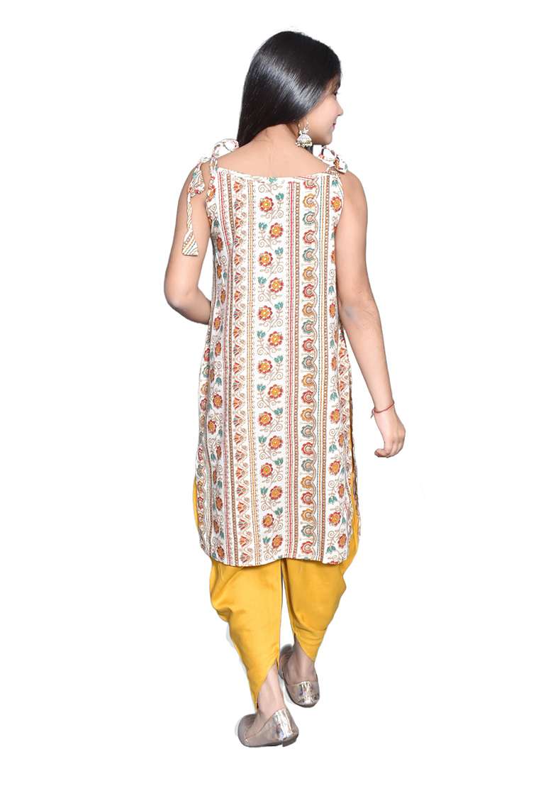 White Printed Rayon Kurta Set For Girls - Indya