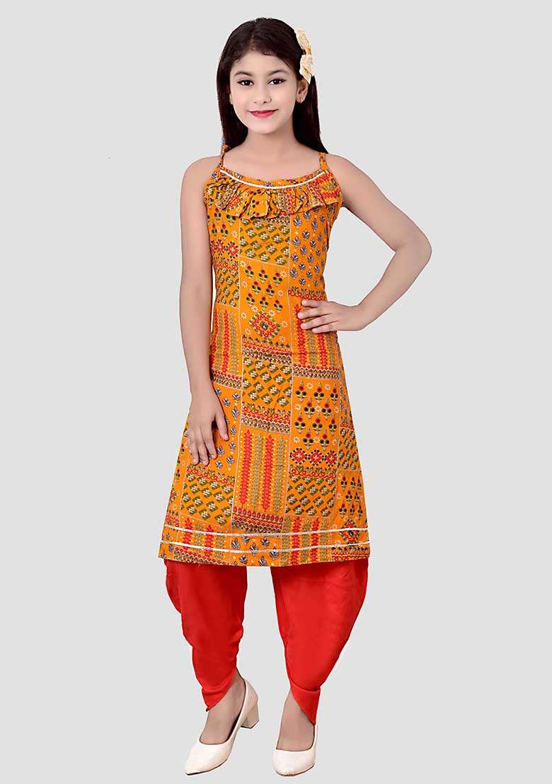 Yellow Printed Rayon Kurta Set For Girls - Indya