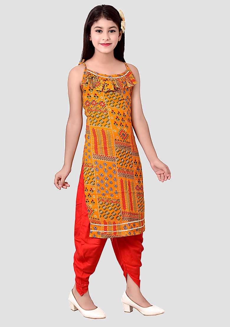 Yellow Printed Rayon Kurta Set For Girls - Indya