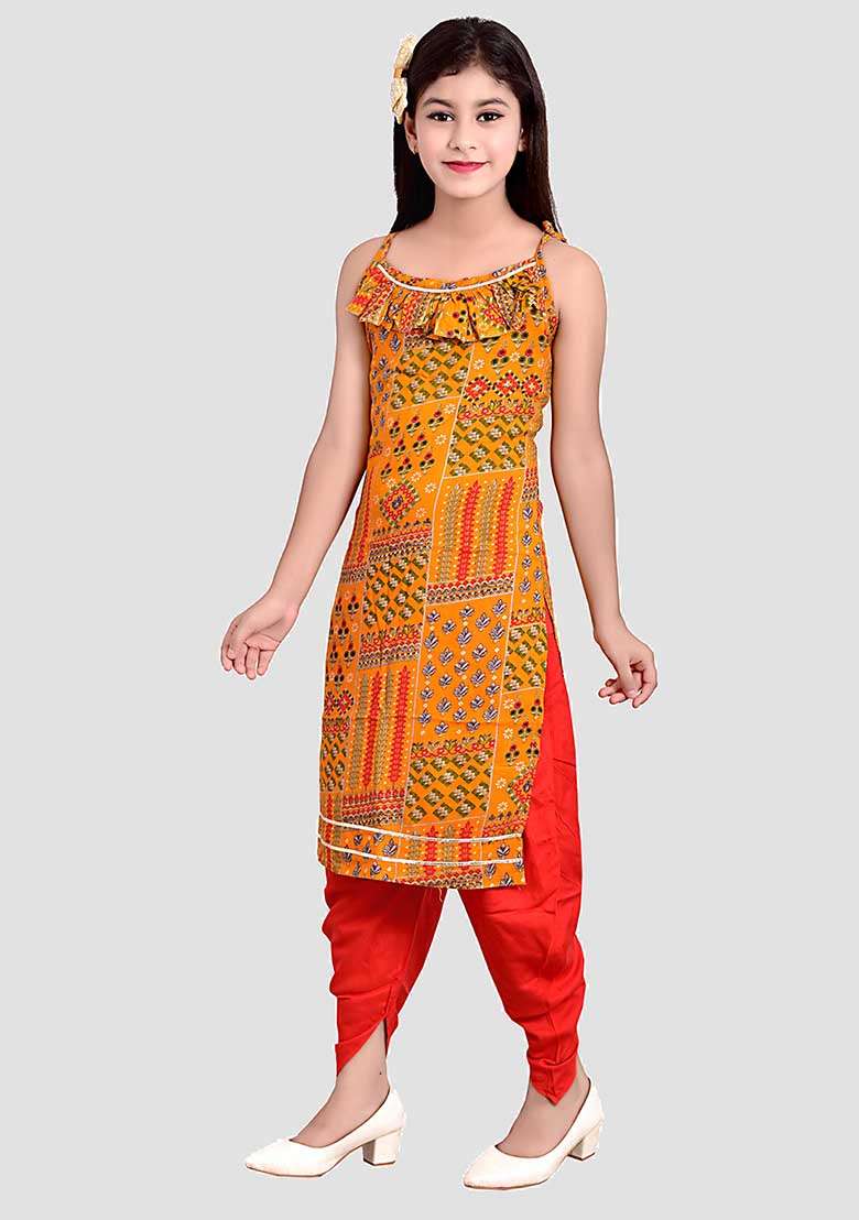 Yellow Printed Rayon Kurta Set For Girls - Indya
