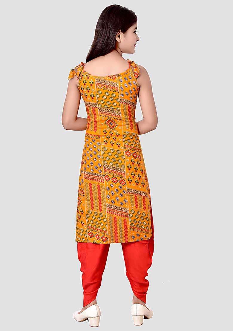 Yellow Printed Rayon Kurta Set For Girls - Indya
