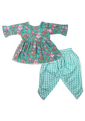 Blue Printed Cotton Kurta Set For Girls