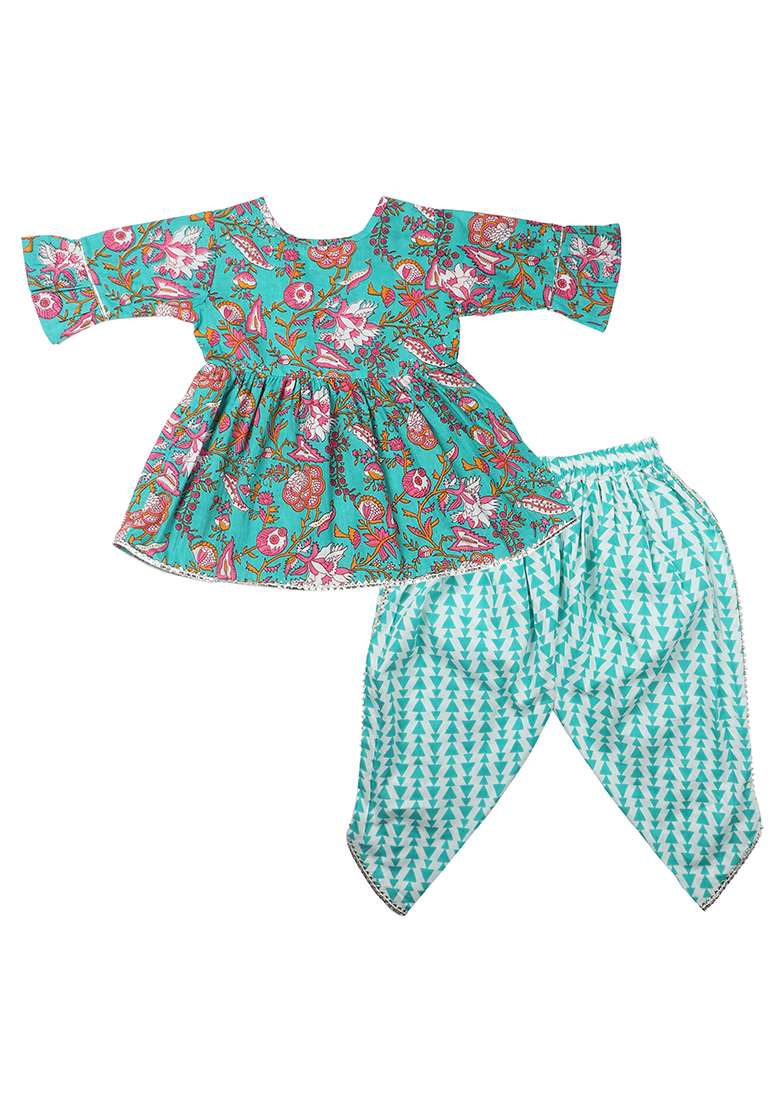 Blue Printed Cotton Kurta Set For Girls - Indya