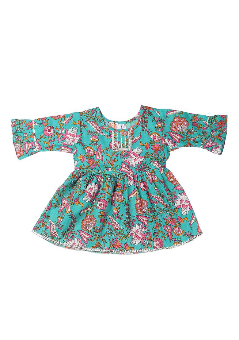 Blue Printed Cotton Kurta Set For Girls - Indya