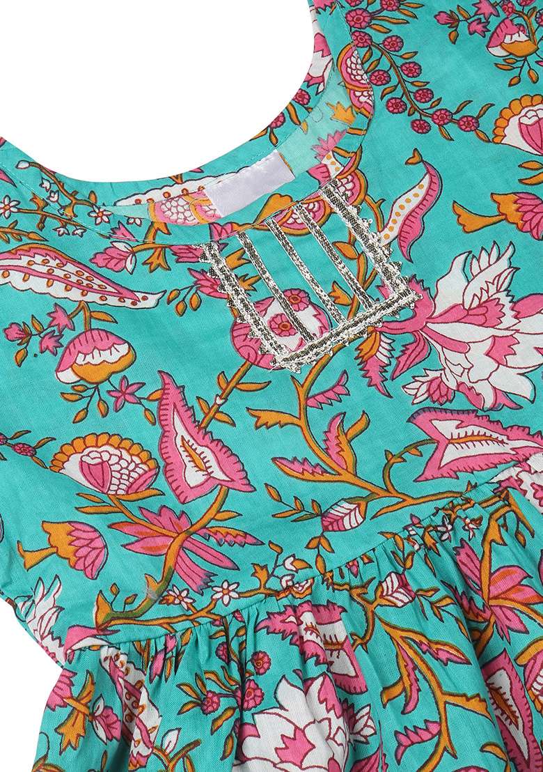 Blue Printed Cotton Kurta Set For Girls - Indya