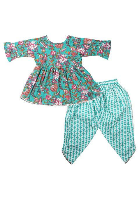 Blue Printed Cotton Kurta Set For Girls