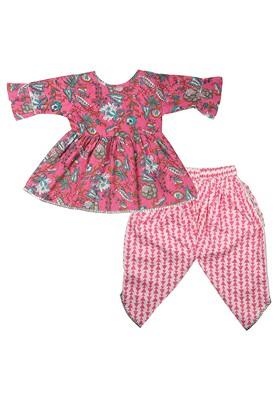 Pink Printed Cotton Kurta Set For Girls