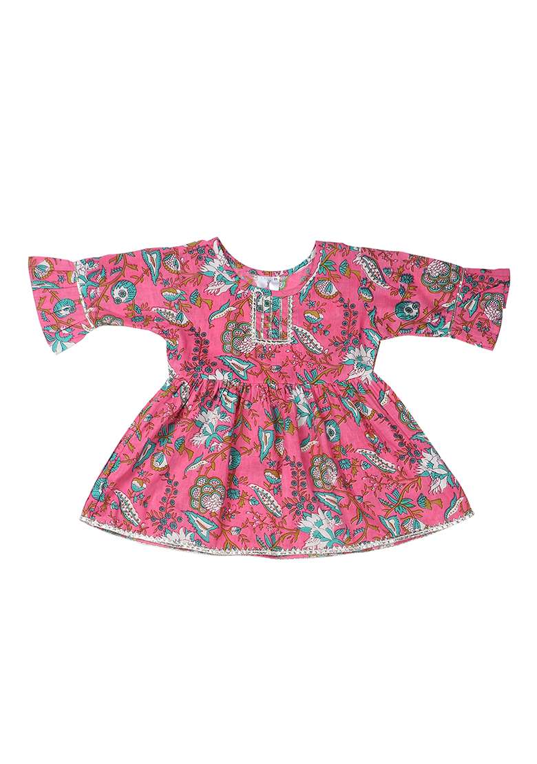Pink Printed Cotton Kurta Set For Girls - Indya