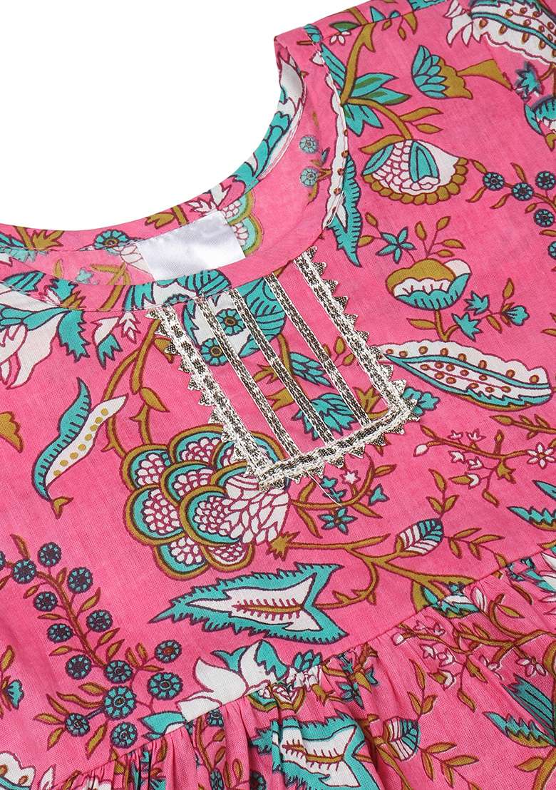 Pink Printed Cotton Kurta Set For Girls - Indya