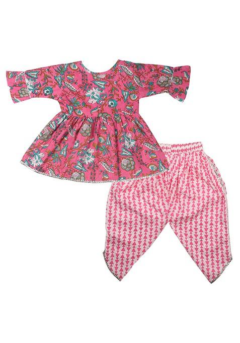 Pink Printed Cotton Kurta Set For Girls