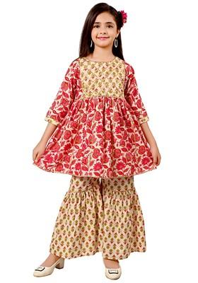 Pink Printed Cotton Kurta Set For Girls