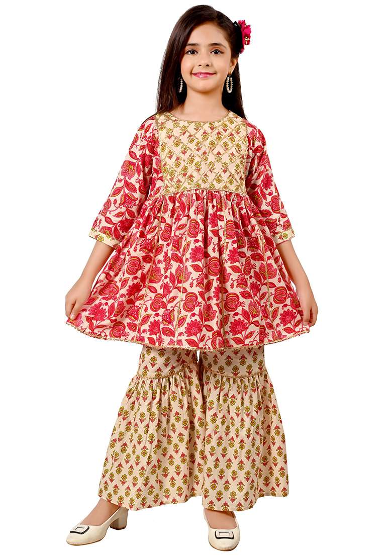 Pink Printed Cotton Kurta Set For Girls - Indya