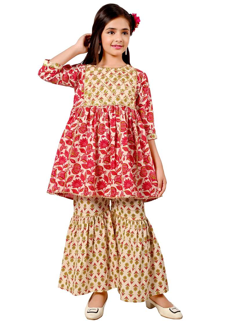 Pink Printed Cotton Kurta Set For Girls - Indya