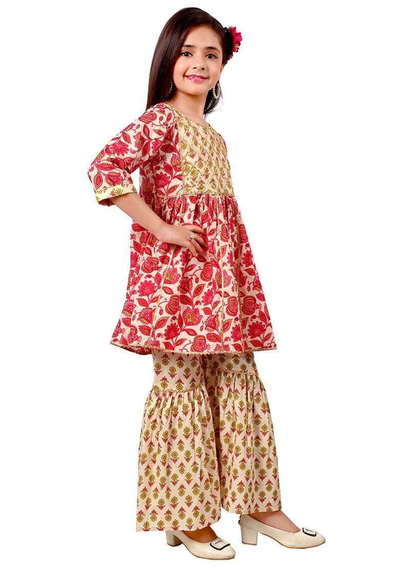 Pink Printed Cotton Kurta Set For Girls - Indya