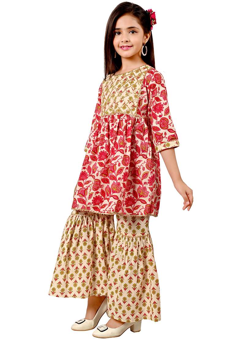 Pink Printed Cotton Kurta Set For Girls - Indya